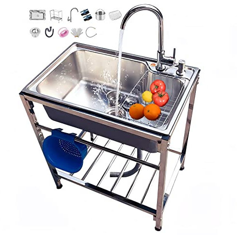 WORDFUN Lavello Commerciale in Acciaio Inossidabile, Commerciale Piscina Singola, Lavabo di Utilità, Lavello da Cucina per Esterno, Lavatoio da Giardino Campeggio, Lavello da Cucina in Piedi