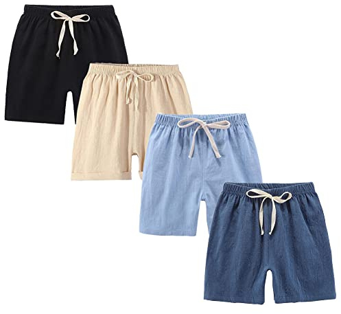 FedMois Shorts en Coton Garçon, Lot de 4, Noir, Bleu, Beige et Bleu Foncé, 3-4 Ans