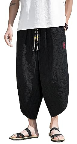 Seidarise Men's Japanese Kimono Traditonal Beach Pants Linen Capri Summer Harem Pants Wide Leg Cropped Pant