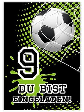 Minkocards 12 Einladungskarten zum 9. Kindergeburtstag Junge Fussball Fußball Einladungen zum neunten Geburtstag Kinder bunte Geburtstagseinladungen