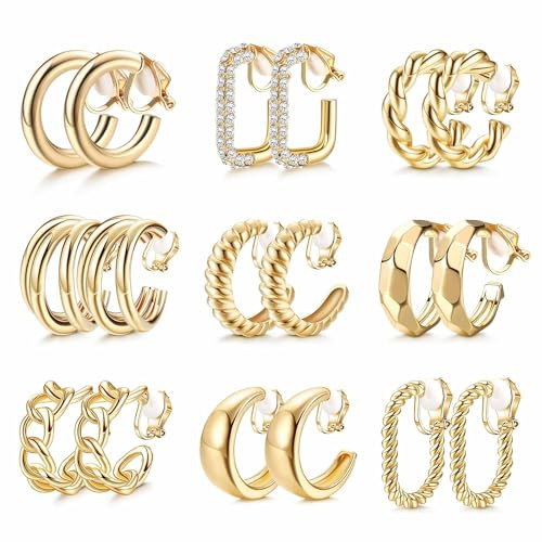 THUNARAZ 9 Pairs Clip on Earrings for Women 14K Gold Plated Chunky Hoop Clips Earring Trendy Clip on Hoop Earrings for Women Non-Pierced Fake Jewelry