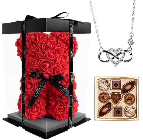 Infinity Flowerbox - Rosen Bär Geschenkset mit Infinity Kette & Pralinen im Set - 300 handbeklebte Rosen mit Duft - Geschenk für Frauen, zum Geburtstag oder Jahrestag (Silber, Vibrant Red)