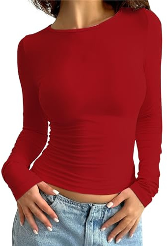 Tops Y2k,Femme T-Shirt à Manches Longues Chemise à Col Rond Tops Ample Décontracté Chemisier Chic Élégant Casual Tunique Tshirts Blouse Tops Long