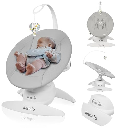 LIONELO Iris Elektrisch Babywippe 360o drehbar für Babys bis zu 9 kg Verstellbare Rückenlehne, 5 Wiegegeschwindigkeiten Rutschfester Sicherheitsgurt, 12 Melodien Bügel mit Spielzeug Fernbedienung