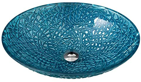 TEmkin Badezimmer-Waschbecken, oval, Glaswaschbecken mit Rissmuster, blaues Kunstwaschbecken, Aufsatzwaschbecken mit Pop-Up-Ablauf, Waschbecken (Waschbecken)