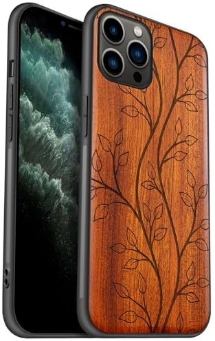 Carveit Coque en Bois pour iPhone 11 Pro Étui Protection Artistique Cover TPU Souple de téléphone Antichoc Compatible avec Apple 11 Pro Etui (Rosé-L'essence du Feuillage)