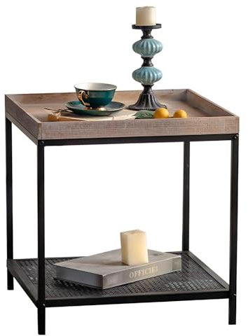 Eiauiuo Beistelltisch Nachttisch Sofatisch mit Gitterablage Industrie-Design Klein Couchtisch aus Holz und Metall 2 Ebenen Ablagebrett Tisch für Wohnzimmer Schlafzimmer Balkon(Size:Keine Schublade)