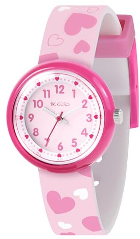 Tikkers NTK0004 - Orologio analogico per bambini, per imparare a leggere l'ora, con cinturino in silicone a forma di cuore rosa