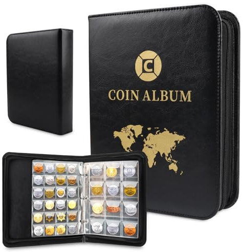 Album per moneta 480 tasche, 2 euro, 3,5x3,5 cm, 4,5x4,5 cm, cerniera, collezione monete 25x20 cm, trasparente