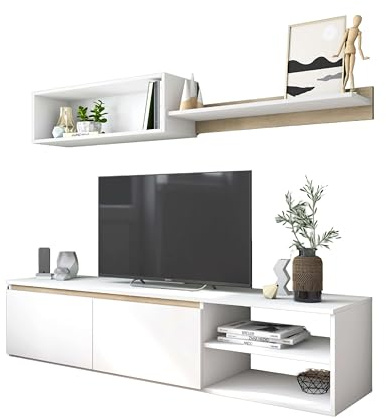 Miroytengo Modulo de TV para Salón Comedor Estilo Nórdico en Color Blanco Mate y Roble Sahara 160 cm