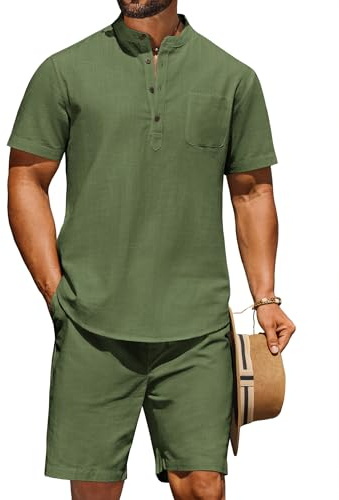 COOFANDY Herren 2-teiliges Baumwoll-Leinen-Sets, Sommer-Strand-Outfits, lässig, kurzärmelig, Henley-Shirts und Urlaubs-Shorts, Grün (Army Green), X-Large