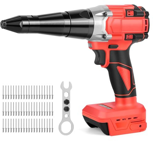 Pistolet à riveter sans fil compatible avec batterie Milwaukee M 18 V (sans batterie), pistolet à riveter électrique professionnel sans balais avec lumière LED, 3 adaptateurs, 60 rivets et clé pour