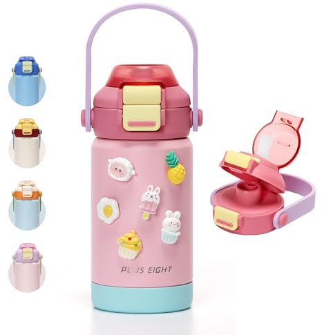 pluseight Bouteille d'eau isotherme de 350 ml pour enfants avec couvercle à paille, gobelet sous vide à double paroi sans BPA, en acier inoxydable 18/8 anti-fuite, avec paille pour l'école, les