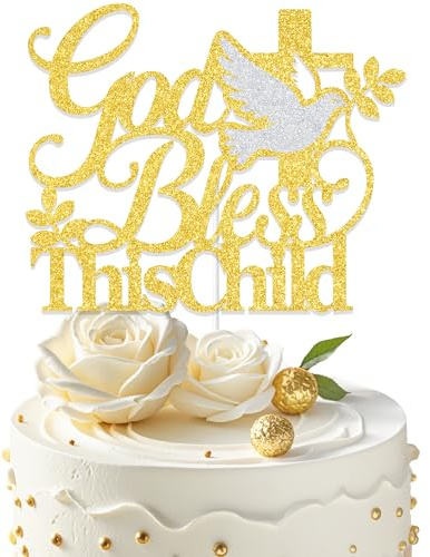 Aumccxz God Bless This Child Cake Topper God Bless On You Confirmation Decorations Religious Christening Baby Shower Decorations Gold & Silver