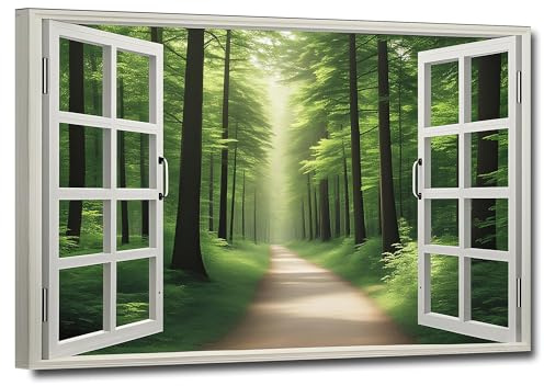 ZHIYYHAO Window View of Green Forest Canvas Wall Art Framed Field Nature Wilderness Canvas Prints Artwork for Living Room Bedroom Office Home Decor Ready to Hang（W-6，18.00L X12.00W''）