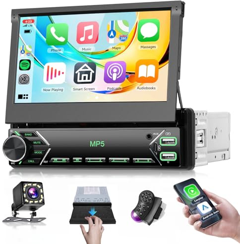 VECHTEL 7 tum 1 din bilradio med trådlös Android Auto infällbar pekskärm, FM-radio med Bluetooth, EQ, spegellänk, 2 USB/typ-C, bilradio med backkamera/rattstyrning