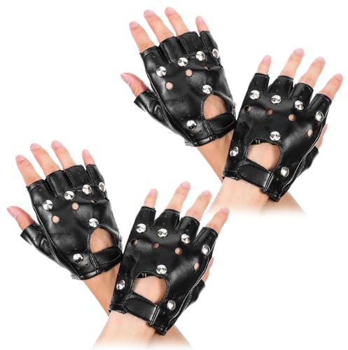 XLIUAX 2 Paar Punk Nieten Handschuhe, Fingerlose Gotik Handschuhe Half Finger PU Leder Biker Rocker Lederhandschuhe für Cosplay Mottoparty Karneval Kostümzubehör