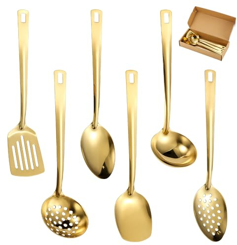 WIYETY Gold Küchenutensilien Set 6-teilig, Edelstahl Kochutensilien Set, Küchengeräte Set, Home Essentials Küchenhelfer ZubehörSpülmaschinenfest - Gold