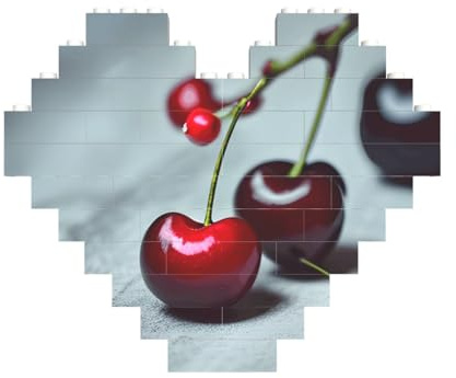Rompecabezas de ladrillo artístico en forma de corazón con patrón de cerezas rojas 3D, bloques de construcción, 30 piezas, regalo relajante