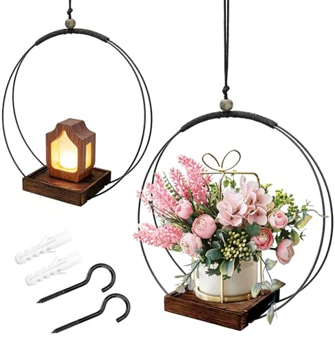 DENUOTOP Juego de jardineras Colgantes para Interiores, Maceta Colgante con Base de Madera y Anillo de Metal, Maceta Colgante para Paredes y techos, Soporte para Plantas suculentas y Cactus