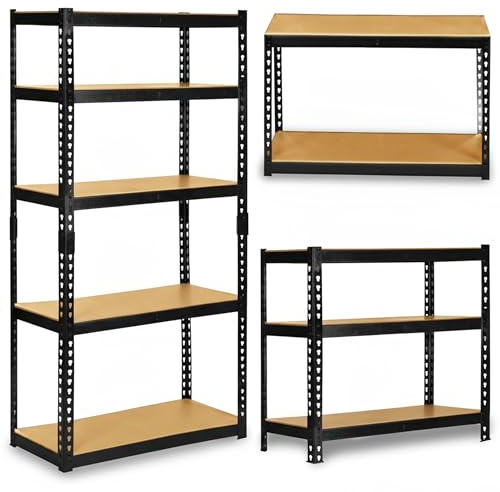 Humberg Schwerlastregal 2in1 Werkbank Metallregal - Garage Lagerregal - 5 Ebenen - Belastbar bis 1325 kg 183 x 90 x 40 cm - Braun Schwarz