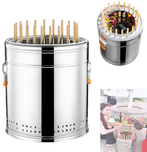 Gril à charbon de bois portable en acier inoxydable, poêle à barbecue rond compact avec poignée résistante à la chaleur, petit fumoir à charbon for griller des légumes à la viande(Double,M)