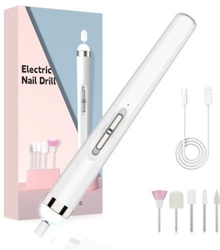 Electric Nail Drill Cordless E File for Acrylic Gel Nails with LED Light | Rechargeable Professional Nail Drill Machine, Low Vibration, Complete Sanding Bits Kit, Natural Nails Manicure Care