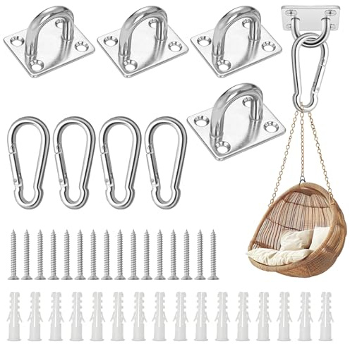 Ganchos de techo de acero inoxidable para cargas pesadas, juego de 4 placas de ojo M5, placa de cubierta con mosquetón, tornillos, gancho balancín hasta 50 kg para hamaca, toldo, saco de boxeo, yoga
