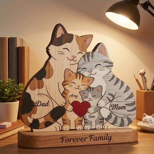 Drawelry Puzzle en Bois Personnalisé Famille, Figurine Animale Gravée avec Noms Base, Décoration Maison Fête des Mères, Pères Noël Anniversaire Cadeau pour Maman, Papa, Enfant (Chat Coloré)