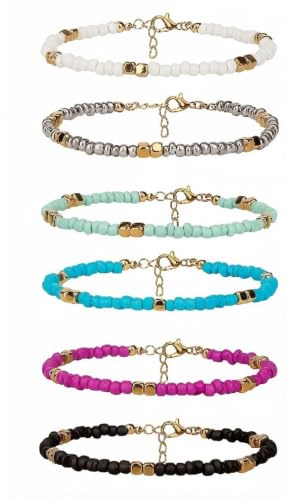 AYZDJ 6PCS Boho Colorful Glass Bead Ankle Bracelet Set for Women Beach Vacation Accessories Multi-Wrap Wrist Band Bracelets Mixed Color Simple Beach Style.