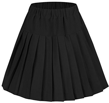 Women's Elastic Waist Plaid Pleated Skirt Tartan Skater School Uniform Mini Skirts (Large, Solid Balck)