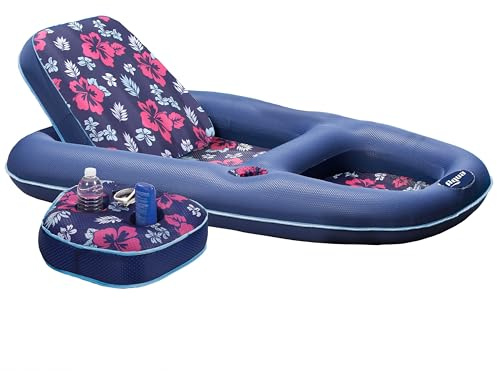 Aqua Campania Ultimate 2-in-1 Pool Float Lounge – Extra Large – Inflatable Pool Floats for Adults with Adjustable Backrest & Cupholder Caddy – Navy Hibiscus