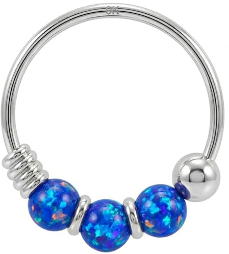 Monster Piercing 9K Weißgold Triple Blue Opal Bead 22 Gauge Hoop Nase Piercing Ring Schmuck