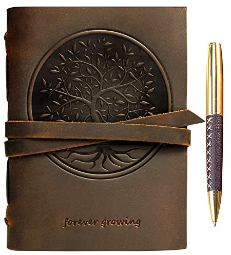 Quaderno Appunti in Pelle Albero della Vita – A5 Diario di Viaggio Taccuino Pelle Donna e Uomo Fatto a Mano – Agenda Pelle con Fogli Bianchi – 21 x 15 cm (8 x 6) – Idee per Regali Originali