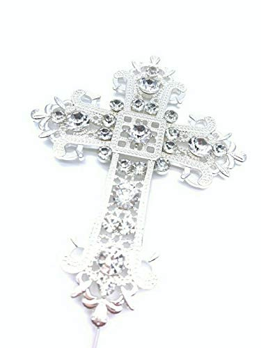 Silver Diamante Diamond Cross Cake Pick Topper for Christening Communion Decoration Family Function Party Supplies Accessory (Small - 4.5cm x 5.5cm)