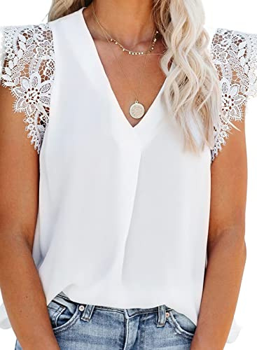 Uusollecy Camiseta Sin Mangas de Verano para Mujer Blusa de Chiffon con Encaje y Cuello en V Top Casual Lencero,Blanco,M