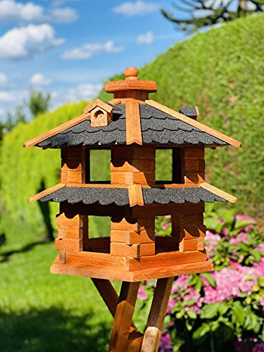 DARLUX Vogelvilla wetterfest von L bis XXL Futterhaus Vogelhaus mit oder ohne Ständer in Braun mit Rot, Grün oder Blau für Garten und Balkon (Größe XL ohne Ständer, Schwarz - Braun)