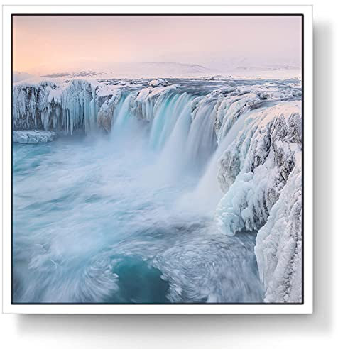BilderKing Wandbild EIS Wasserfall Nord-Island - 50cm x 50cm Leinwand auf 2cm Keilrahmen mit Schattenfugenrahmen weiß