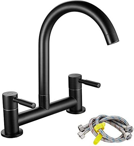 Kitchen Sink Mixer Tap, Dual Lever Bridge Kitchen Sink Tap, Brass, Black | 2 Hole 180 mm Centers Deck Mounted, 1/4 Turn, 360° Swivel Spout, Flexible Hoses