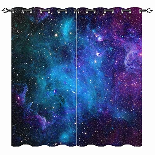 YUANZU Kindervorhänge mit Galaxie-Motiv, Sternennebel, Sternbild, Planet, Universum, Fantasie, Sternendruck, mit Ösen, Verdunklung, 2 Vorhänge (BxT): 75x166 cm, Blau