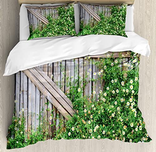 Ambesonne Rural Duvet Cover Sets, Rustic Grunge Look Wooden Fence with Blooms Backyard Look Picture Print, Bedding Set with 2 Duvet Covers & 4 Pillowcases, 2 Pack Queen Size, Pale Brown and Green