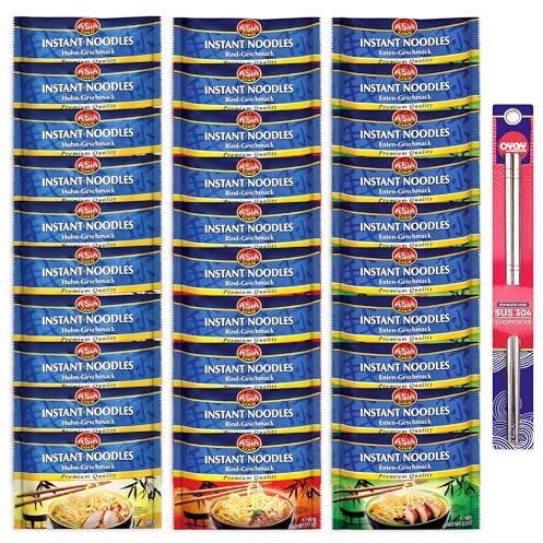 30er Mix Set Asia Gold Instant Nudeln I je 10x Rind Huhn Ente I 30x60g I Chinesische Nudeln I Asia Nudeln Instant I Asiatische Nudeln I Instant Ramen I OYOY Metall Essstäbchen