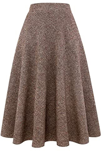 Ylingjun Gonna Lunga in Lana Scozzese per Donna Autunno Invernale Calda Vita Elastica Alta Linea Svasata gonne in Tartan di Lana pieghettate, Cachi Scuro, XL