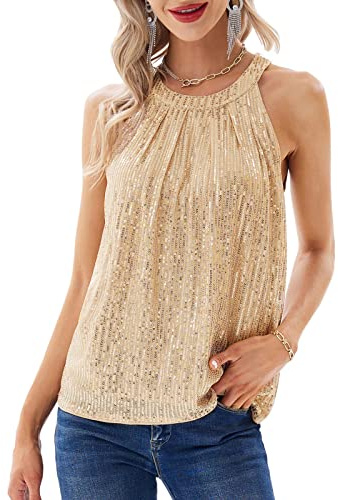 Ladies Cute Slim Fit Sequin Tank Tops Embellished Glitter Shimmer Cami Halter Tank Tops for Club Party Prom Date Night Champagne M