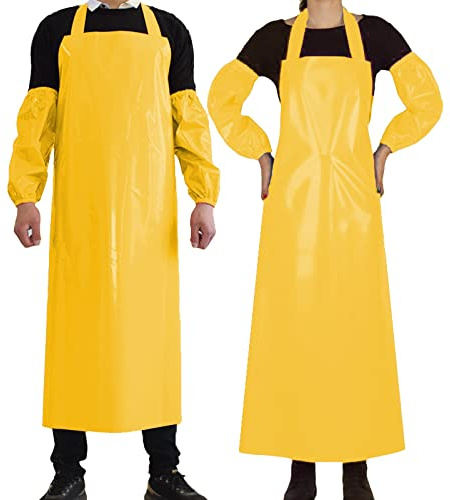 ELEBOX Waterproof Oil Proof Bib Apron Utility Apron Chemical Resistant Apron with Sleeve Work Apron Ultra Lightweight, Yellow, 43.3 L x 31.5 W