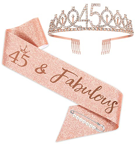 Écharpe et diadème pour 45e anniversaire en or rose, couronne 45 et fabuleuse écharpe et diadème pour femmes, cadeaux pour 45e anniversaire pour les 45 ans de fête d'anniversaire heureuse