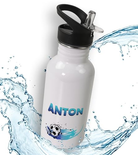 timalo® Trinkflasche für Kinder personalisiert mit Namen | auslaufsichere Edelstahl Fußball Sportflasche Kindergarten Geschenk für Jungen und Mädchen 600mL | Fußball blau