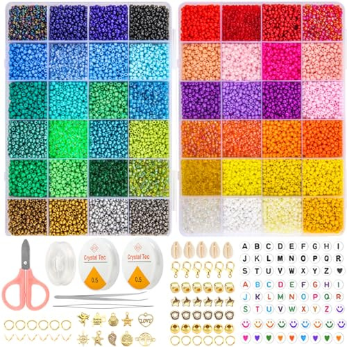Frendour Perlen für Armbänder,16000 Stück 48 Bunte 3mm perlen Set für Armbänder Halskette Ohrringe,Glasperlen mit Smiley und Buchstaben Perlen für Erwachsene DIY-Schmuck Machen