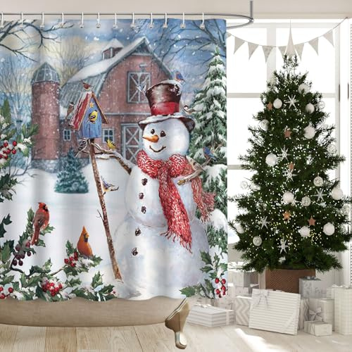 APROPHIC Weihnachten Duschvorhang, Duschvorhang Weihnachten, Schneemann Vorhang Weihnachten, Duschvorhang Badewanne Weihnachtsdekoration, Wasserdichter Duschvorhang 180x180cm mit Haken