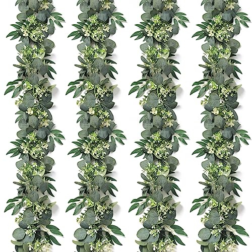 4 Stück Eukalyptus Girlande,Künstliche Eukalyptus Pflanze 170cm Hängend Grüne Girlande Eukalyptus Blätter Deko mit Weiße Blumen Eukalyptusranke für Hintergrund Hochzeit (4, Eukalyptus künstlich)